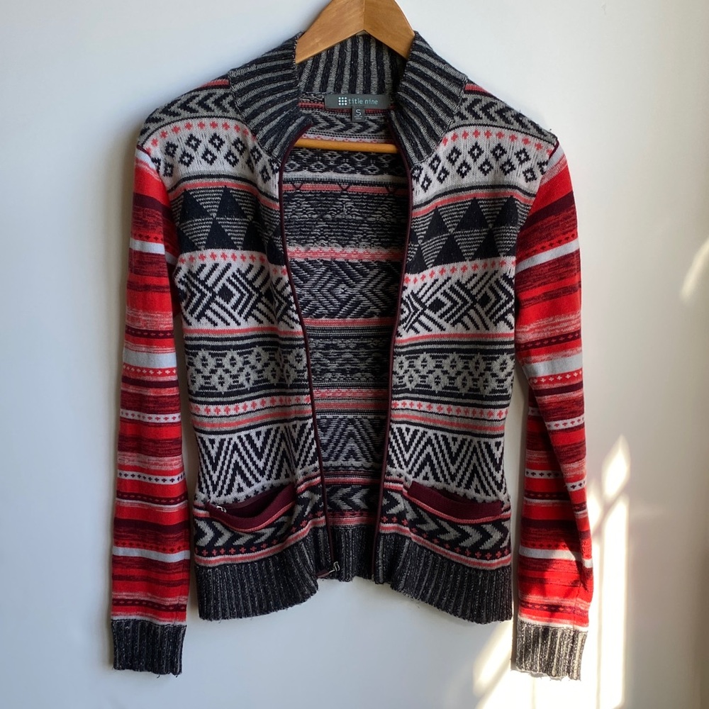 Title Nine Wool Blend Fair Isle Full Zip Mock Neck Sweater Zipper Pockets *READ*
